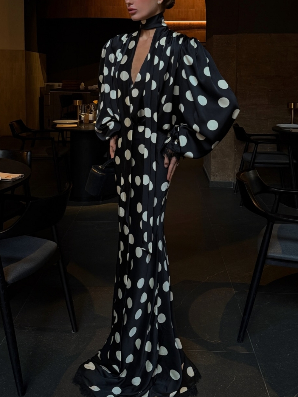 Polka Dot Dress Print Hanging Neck V-neck Bubble Sleeve Cinched Waist Fish Tai - Picture 2 of 12